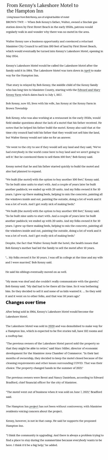 Lake Shore Motel (Kennys Lakeshore Motel) - Manistee News Advocate Jeff Zide July 2022 Article (newer photo)